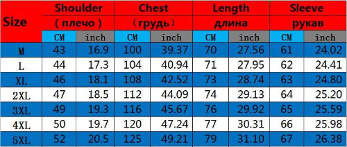 Table displaying measurements for shoulder, chest, length, and sleeve in both centimeters and inches across different size categories.