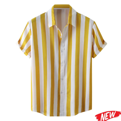 Yellow and white striped shirt on a white background with 'NEW' label.