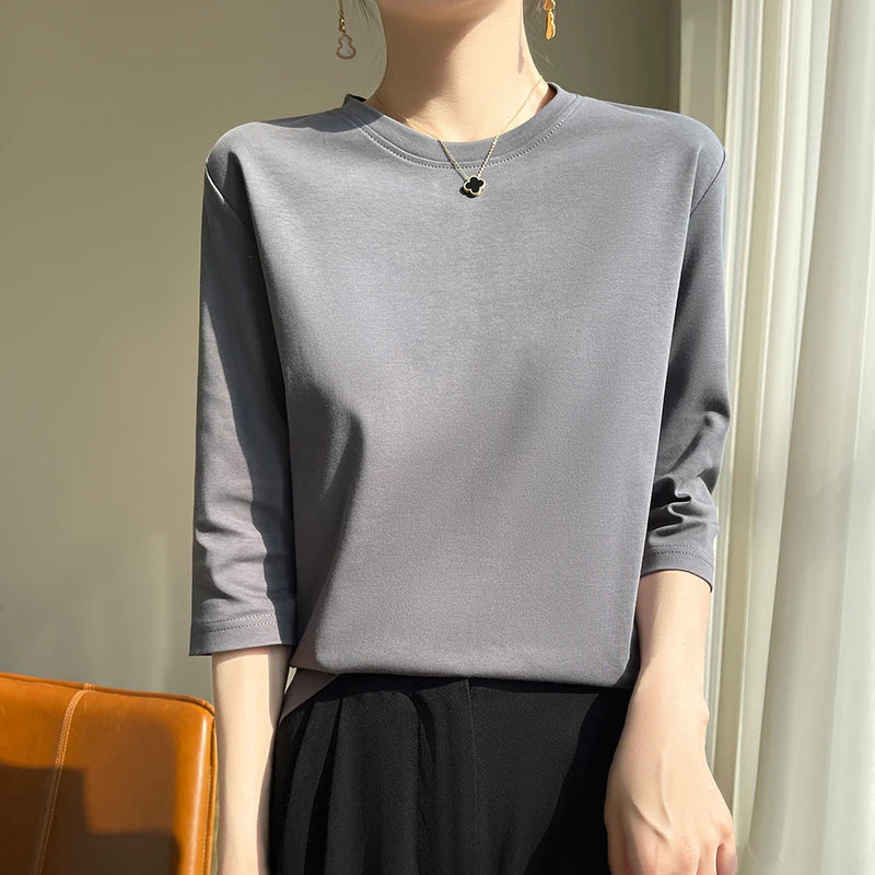 Summer Cotton Short-Sleeved T-Shirt Women's Round Neck Seven-Point Sleeves Loose Mercerized Cotton Half-Sleeve Shirt New T-shirt