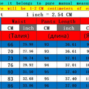 A size chart table in Chinese and English for clothing measurements, showing waist, pants length, and hip measurements in centimeters and inches for sizes XS through 3XL.