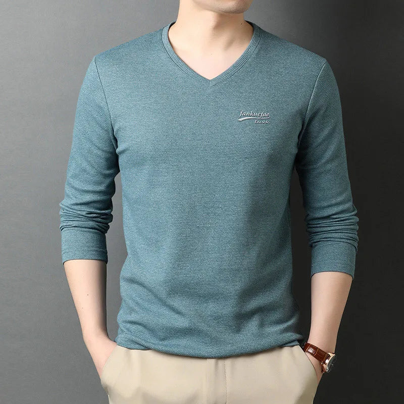 Top Quality New Fashion Brand Solid Color Plain V Neck Long Sleeve t Shirt Men Cotton Casual Men Clothes 2025