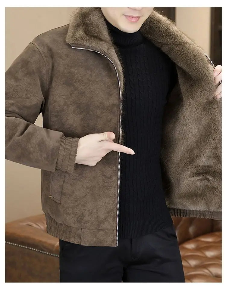 Winter Fleece and Thickened Leather Jacket for Men with A Fur Collar Warm and Casual American High-end Faux Fur One-piece Jacket
