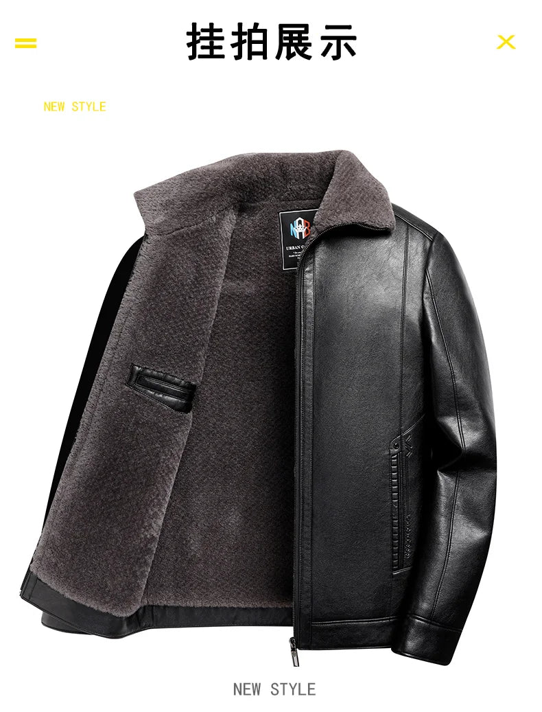 Add Fleece and Thickening Winter Dad Leather Jacket for Middle-aged Grandpa Fur Collar Middle-aged Men's Coat for Warmth