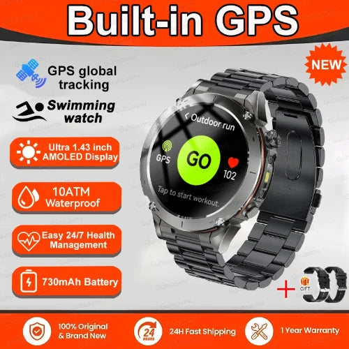 Smartwatch with built-in GPS features on a promotional background