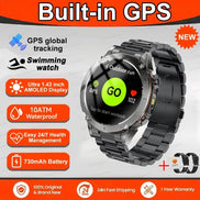 Smartwatch with built-in GPS features on a promotional background