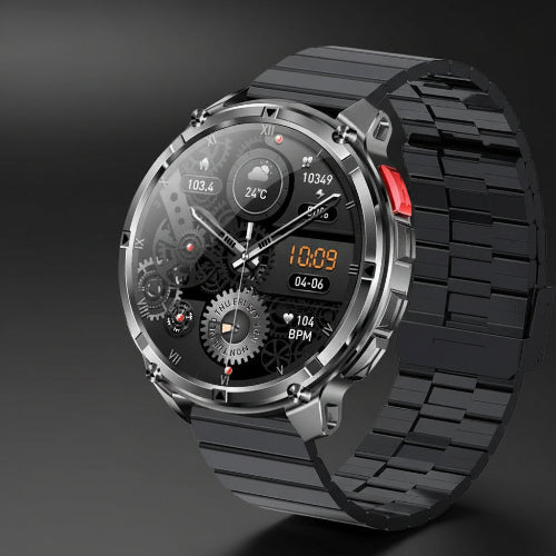 Smartwatch with black band and detailed display, featuring 1100mAh battery 