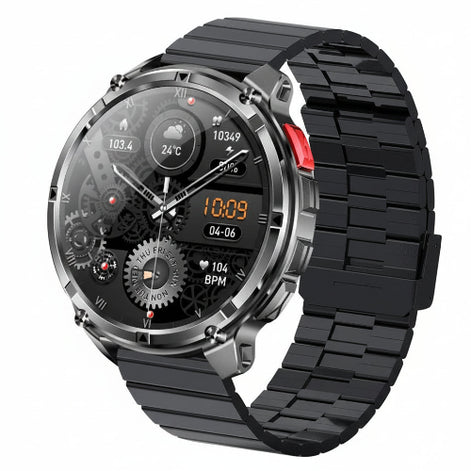 Smartwatch with black band and detailed display, featuring 1100mAh battery