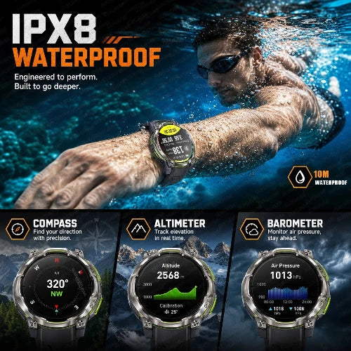 IPX8 waterproof smartwatch shown on a person's wrist underwater, with feature callouts for compass, altimeter, and barometer, plus underwater and mountain scene backgrounds.