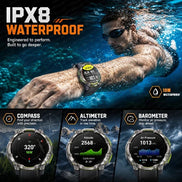 IPX8 waterproof smartwatch shown on a person's wrist underwater, with feature callouts for compass, altimeter, and barometer, plus underwater and mountain scene backgrounds.