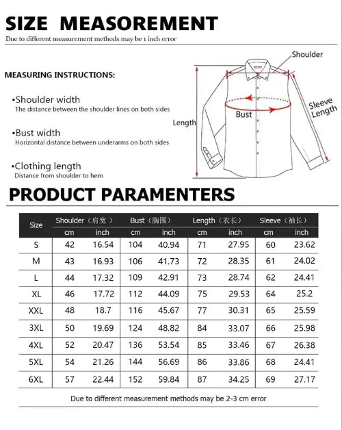 Measurement chart for a shirt with shoulder, bust, and sleeve dimensions.