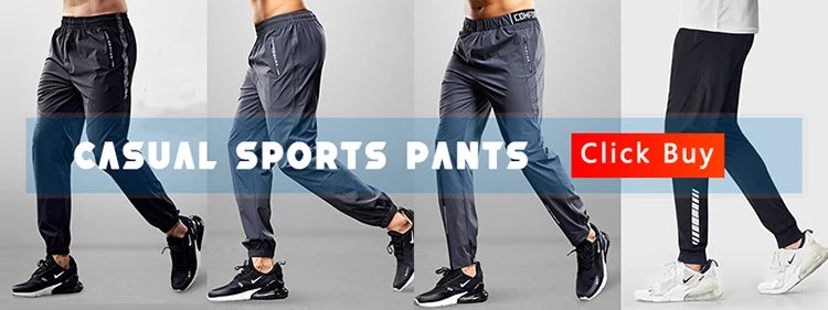 Four pairs of casual sports pants displayed on a gray background with promotional text.