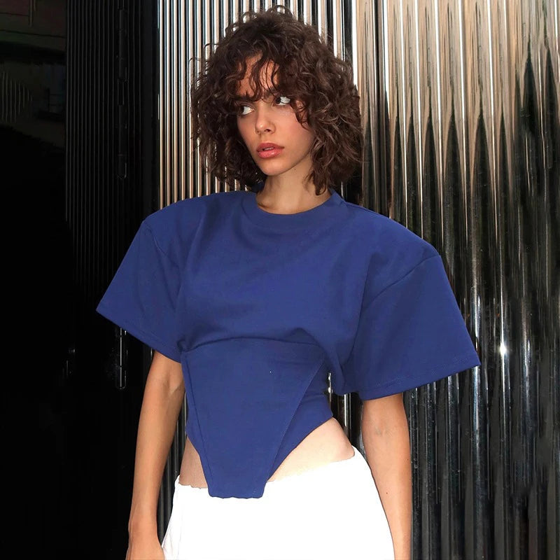 Versatile Regular-shoulder T-shirts Women Casual White Round Neck Irregular Hem Pleated Short Top Summer Lady Street Wear New