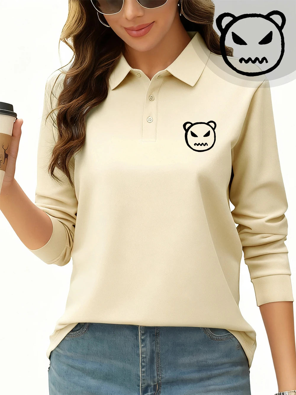 Angry Bear Printing Polo Shirt Womens Autumn Breathable Lapel T-Shirts Commuting Long Sleeves Tops Sporty Womans New Workwear