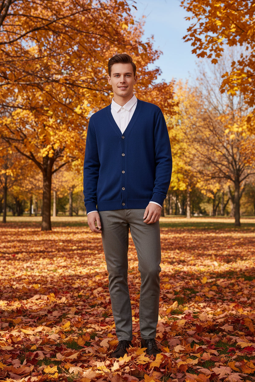 Blue cardigan over a white shirt on a wooden hanger against a wooden cabinet background.