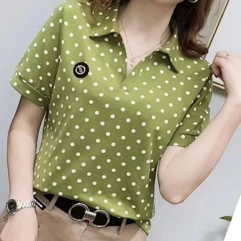Women's T-shirt Short Sleeve Summer Letter Turn-down Collar Pullover Solid Polka Dot Embroidery Polo Casual Plus Size Tops