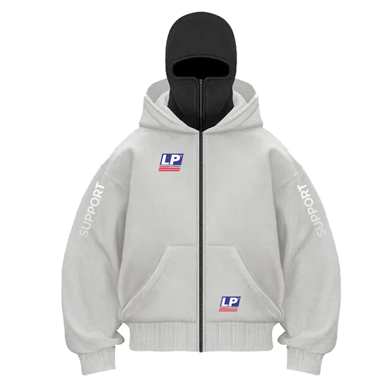 A light gray zip-up hoodie with a black front zipper, black hood lining, and a black balaclava-style hood insert. The hoodie features 'LP' logos on the chest and lower front pocket, with 'SUPPORT' printed vertically on both sleeves.