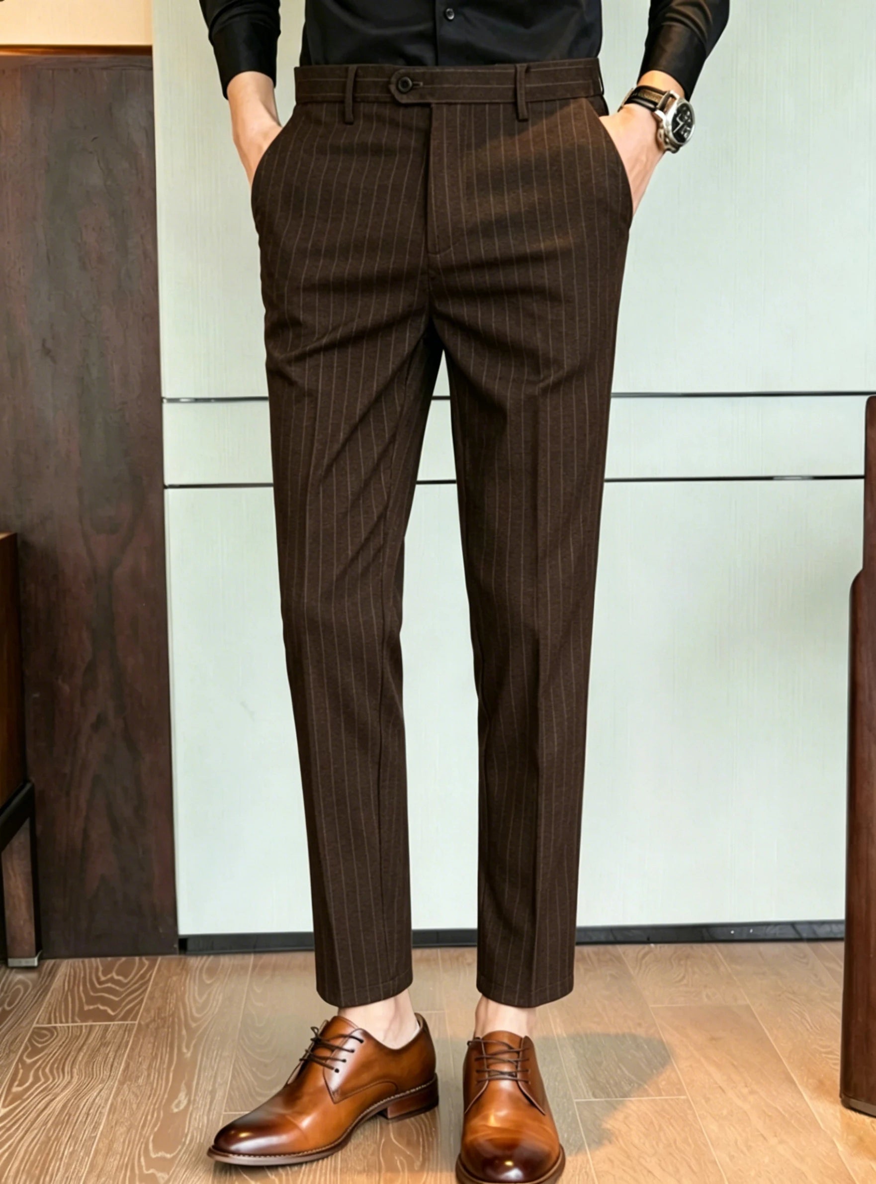 Pinstripe Pattern Suit Pants for Man Formal Dress Slim Fit Pants Elastic Waist Summer Thin Casual Trousers Male Business Wedding