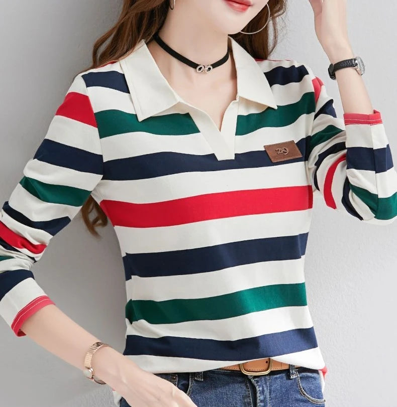 Slimming Striped Polo T-Shirt for Women 100% Cotton Long Sleeve Innerwear for 2026 Transitional Wardrobe