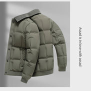 An olive green puffer jacket with a ribbed knit collar, shown from a three-quarters back view on a gray background with vertical text on the right.