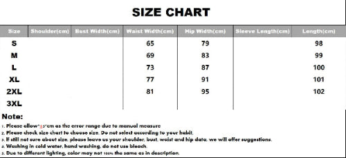Jeans size chart showing waist, hip, and length measurements in centimeters for sizes S–2XL.