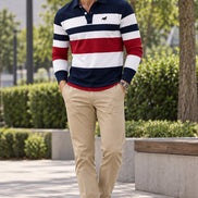 Long-sleeve polo shirt with red, white, and blue stripes on a brown background
