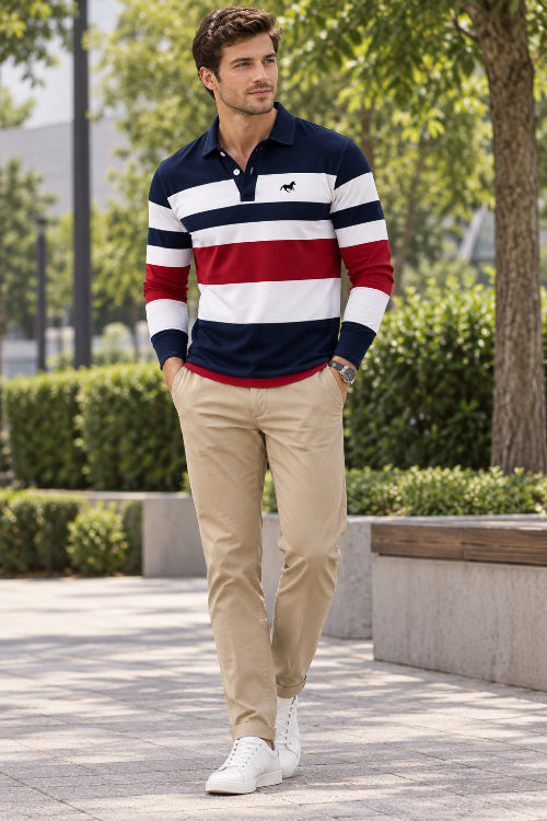 Long-sleeve polo shirt with red, white, and blue stripes on a brown background