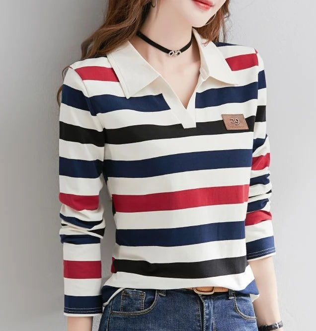 Slimming Striped Polo T-Shirt for Women 100% Cotton Long Sleeve Innerwear for 2026 Transitional Wardrobe