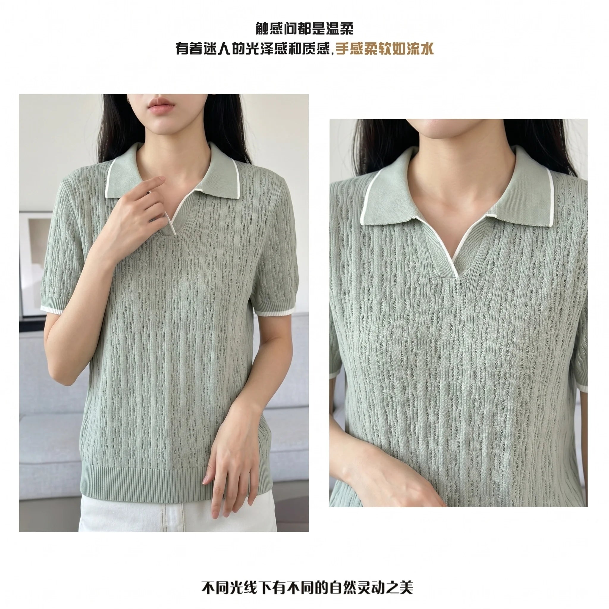 WinvyNee Spring Summer Women Cotton Polo V Collar Sweater Knitted Top Green Solid Short Sleeve Casual Pullover T-Shirt ZA1002042