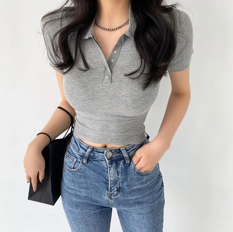 Polo Neck Shirt for Women Sexy Woman T Coquette Clothes Plain 100℅ Cotton Button Slim Korean Style with Collar Pretty Cheap Tops