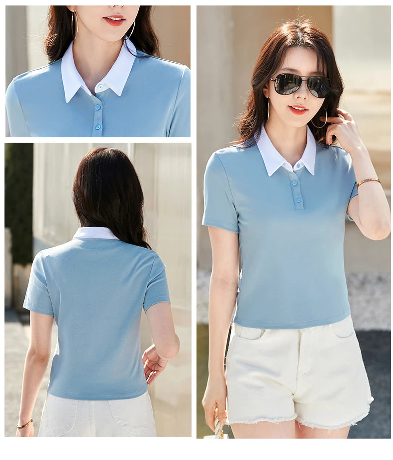 Summer New Cotton Polo Shirt Solid Color Polo Neck Short Sleeve High Waist Short Style Slim Fit Fashion Casual Women's Shirt