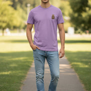 Purple t-shirt with a small brown logo on a hanger