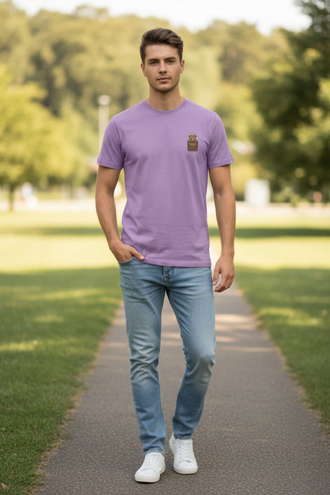 Purple t-shirt with a small brown logo on a hanger