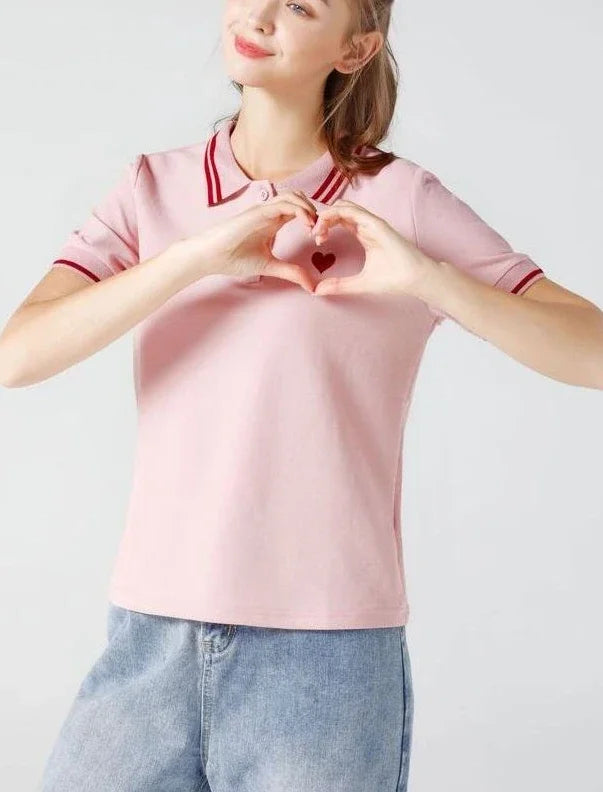 Polo Neck Shirt for Women Button 100℅ Cotton White Embroidery Baggy Woman T Pulovers High Quality Korean Popular Clothes Youth