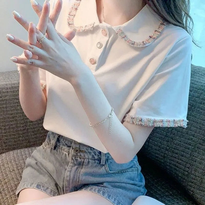 Short Sleeve Button T-shirts Summer Outfit Lapel Baggy Female Tee Aesthetic Clothing Sales Y2k Fashion Youth Women's Polo Shirts