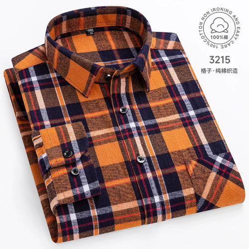 Plaid shirt with orange, blue, and white pattern on a white background