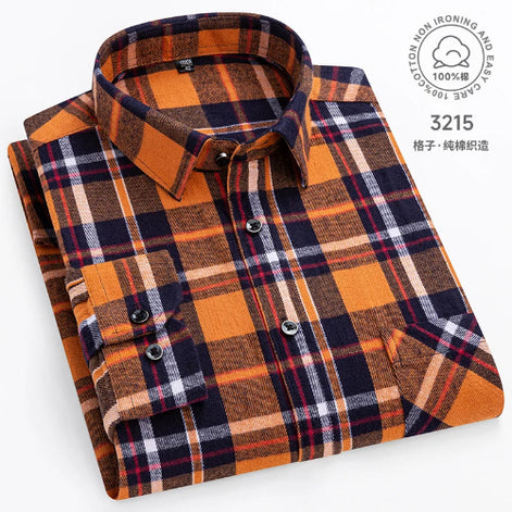 Plaid shirt with orange, blue, and white pattern on a white background
