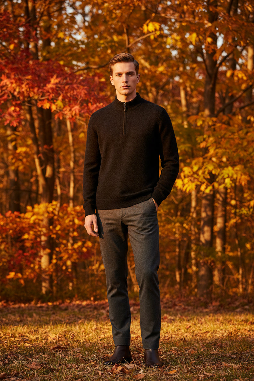 Black ribbed sweater with a zipper and a watch on a gray surface