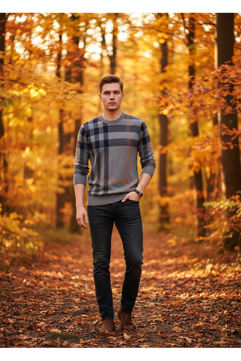 Person wearing a gray and black plaid sweater on a dark background