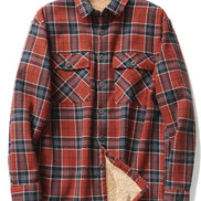 A red and navy plaid flannel shirt jacket with a beige sherpa lining, displayed on a wooden hanger against a white background.