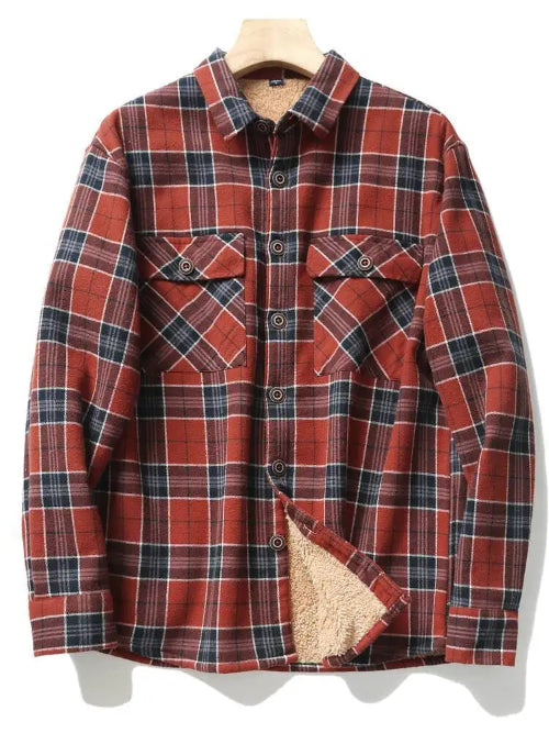 A red and navy plaid flannel shirt jacket with a beige sherpa lining, displayed on a wooden hanger against a white background.