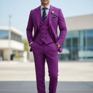 Purple suit with a white shirt, striped tie, and boutonniere on a white background