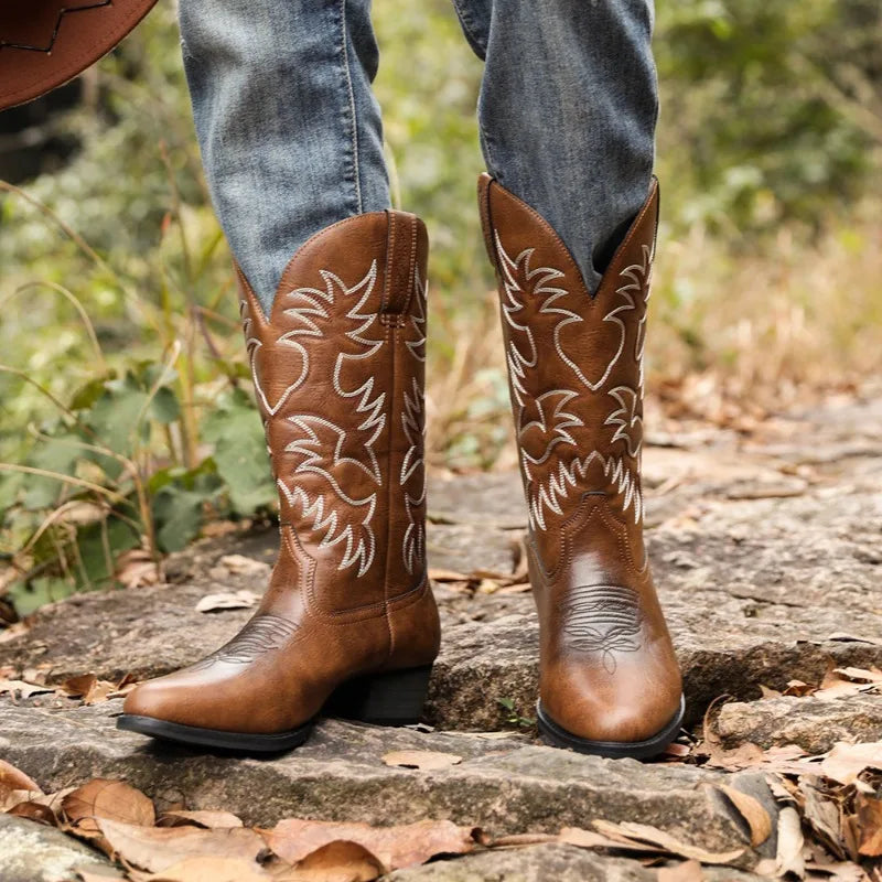Embroidered Men Knee High Heel Leather Boots Retro European American Western Cowboy Boots Wedge Zip Casual Shoes Botas De Hombre