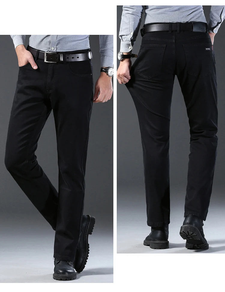 Two views of a person wearing black pants with a gray background