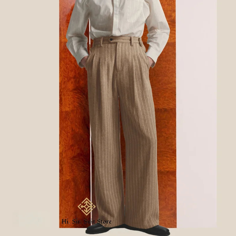 Men's Striped Dress Pants Old Money Wide Leg Baggy Pleated Casual Pinstriped Trousers Loose Fit Elastic Waist Vintage Slacks