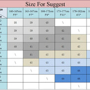 Size chart for clothing with height and weight ranges