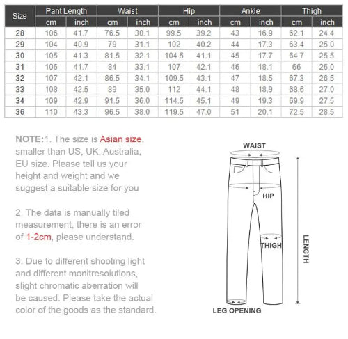 Pants size chart with measurements in centimeters and inches, including a diagram of a pants fit.