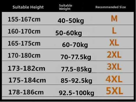 Size recommendation chart for sizes M–5XL based on height in centimeters and weight in kilograms.⠋
