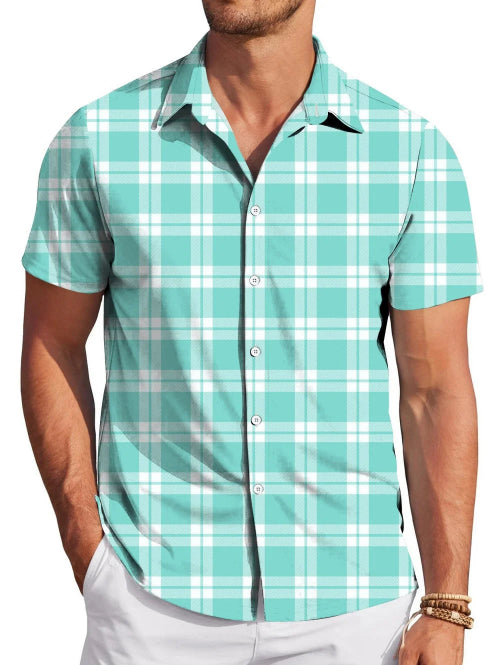 Man wearing a turquoise and white plaid shirt on a white background