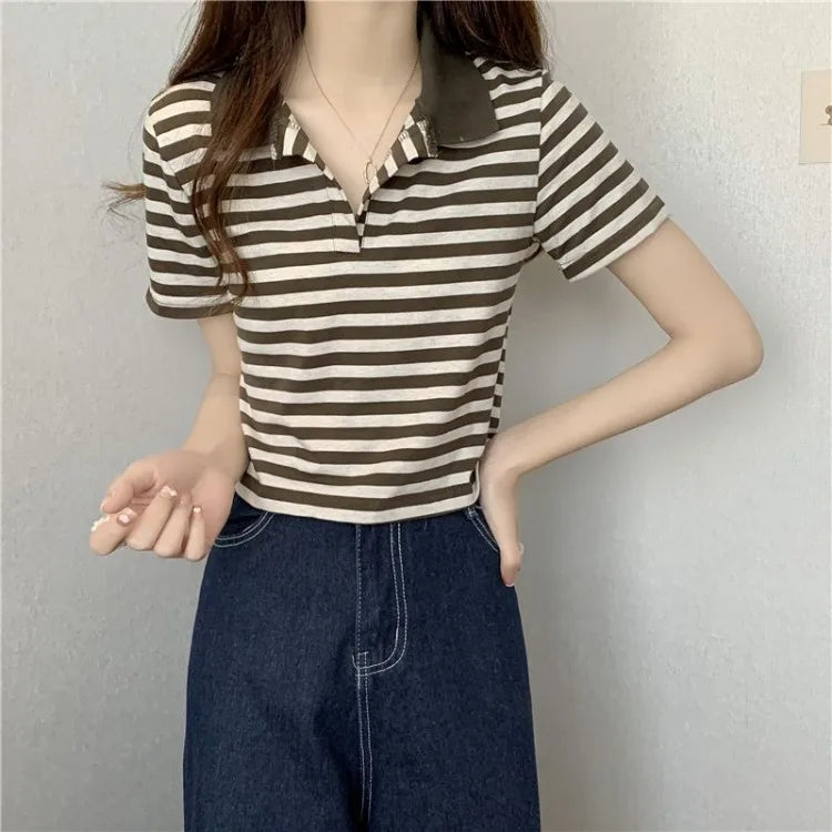 Chic V Neck Short Length Striped Short Sleeve Polo T Shirt For Women Summer 2026 New Niche Top
