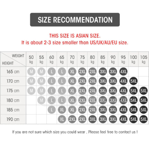 Size recommendation chart for clothing with weight and height indicators.